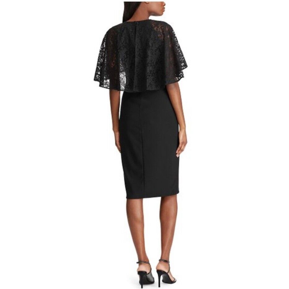 Lauren Ralph Lauren Solid Black Lace Cape Sleeve Sheath Dress Size 2 Cocktail