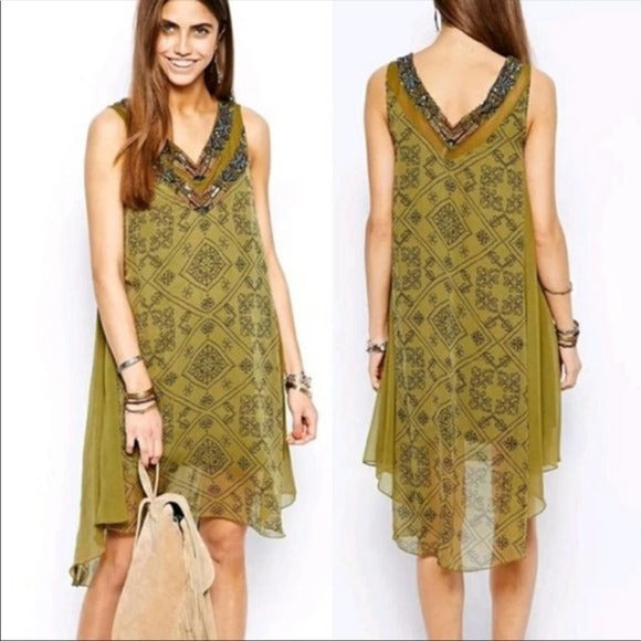 Free People Ancient Mystery Green HI Lo Beaded Tunic Dress Size XS Geometric