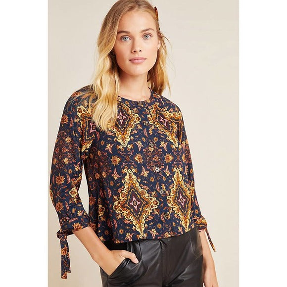 Kachel x Anthropologie Navy Blue Geometric Button Front Tie Sleeve Top Blouse 2