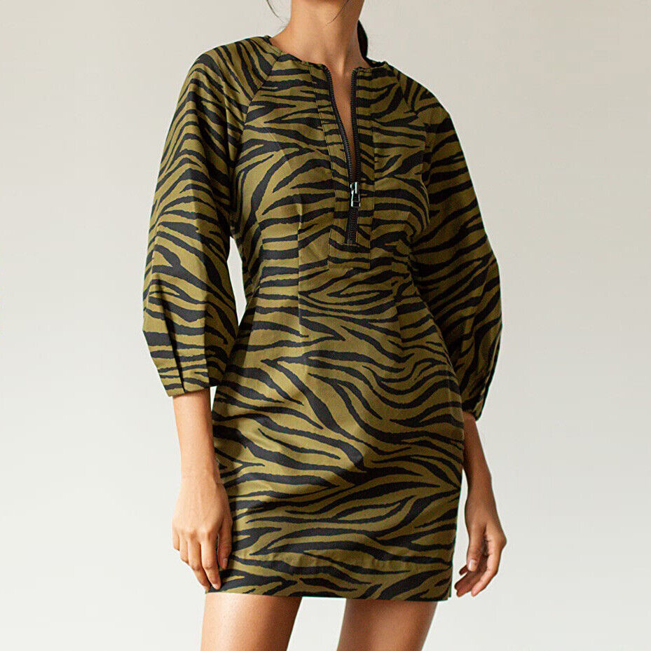 NWT $595 Veronica Beard Navi Warm Olive Black Animal Printed Mini Dress Size 0