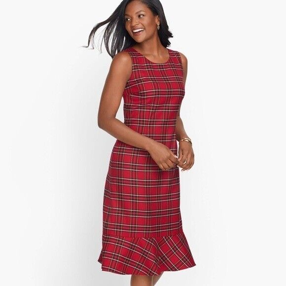 Talbots Womens Red Tartan Plaid Wool Blend Flounce Hem Sheath Dress Size 6P