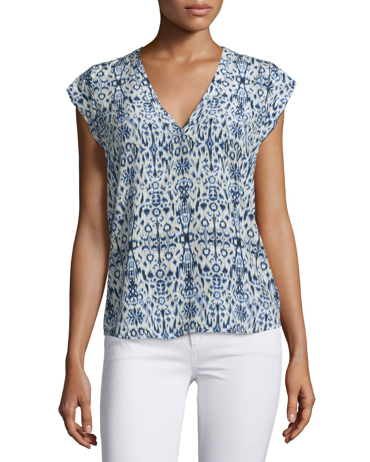 NWT $188 Joie Rubina Blue White Tan Printed Striped Top Blouse Silk Size XS Short Sleeve