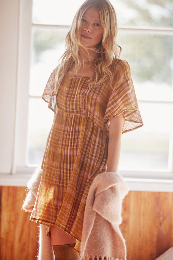 by Anthropologie Yellow Plaid Gauzy Tie Back Mini Tunic Dress Size S Casual