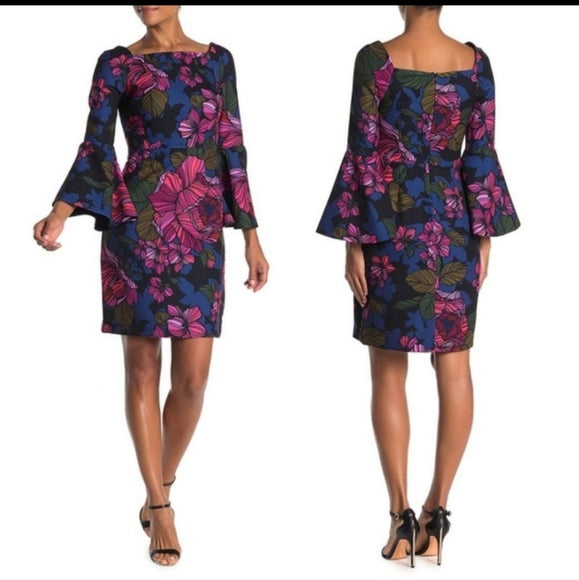 Trina Turk Blue Pink Floral Print Square Neck Bell Sleeve Sheath Dress Size 6