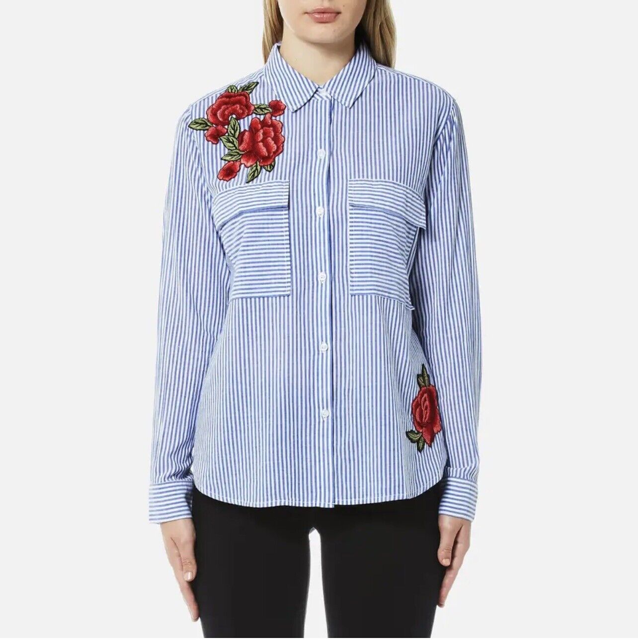 RAILS Frances Blue White Banker Striped Floral Patch Button Down Shirt Blouse M Long Sleeve