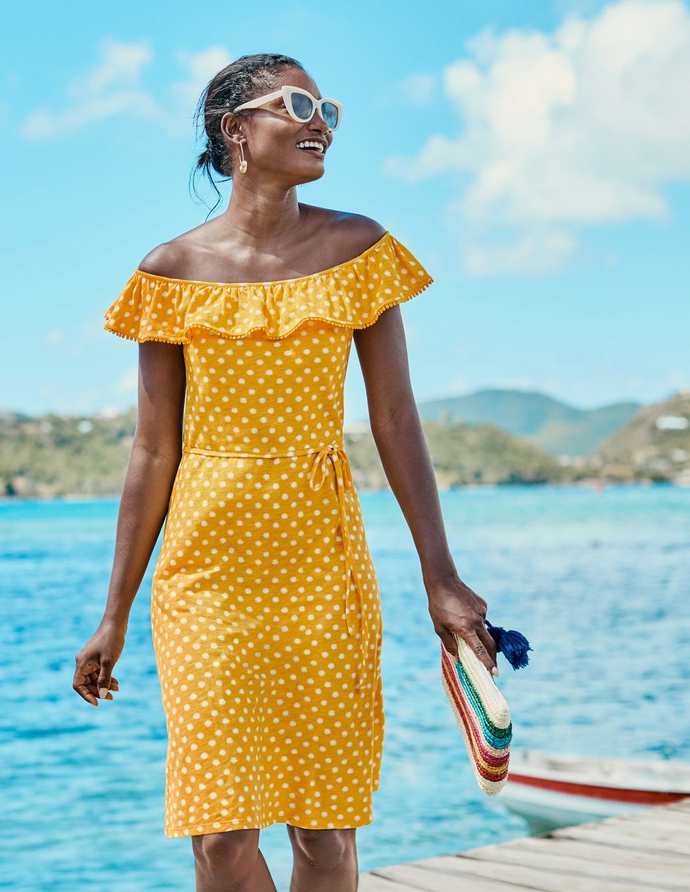 Boden Bethany Yellow White Printed Off the Shoulder Knit Dress Size US 2R 2