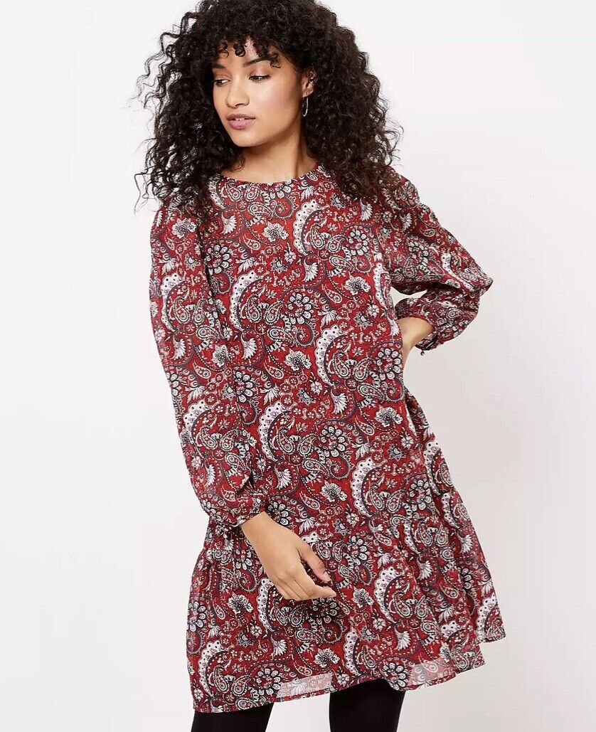 Ann Taylor Loft Red Metallic Shimmer Paisley Print Flounce Hem Shift Dress PS SP