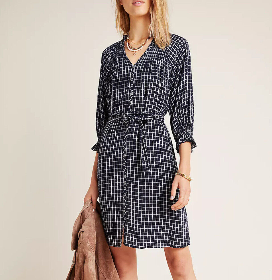 Maeve Anthropologie Sara Navy Blue Windowpane Plaid Tie Waist Dress Size XS