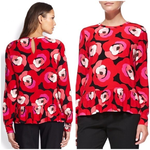 Kate Spade Womens Deco Rose Floral Peplum Top Blouse Size 4 Red Pink Long Sleeve