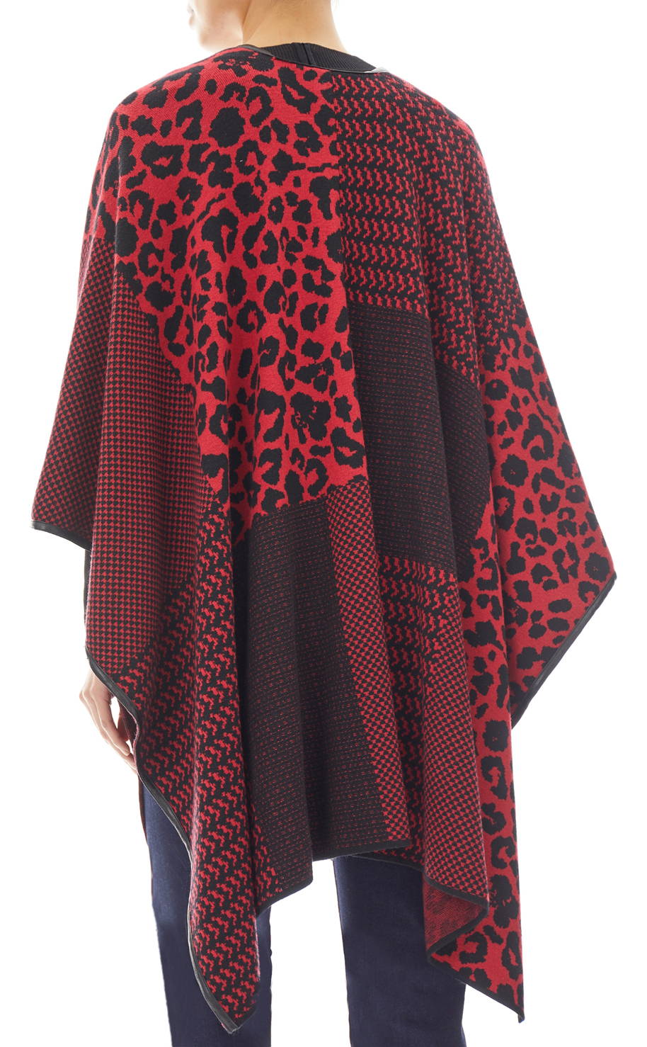 NWT Ming Wang Red Black Leopard Print Knit Hope Wrap Ruana Sweater One Size S M