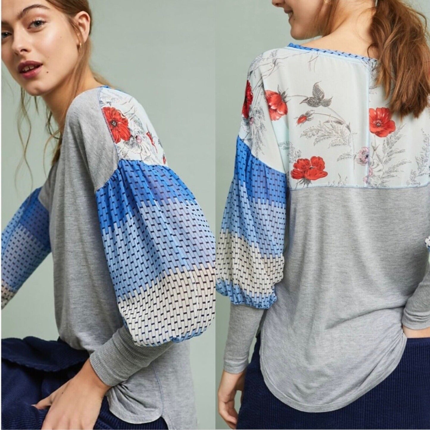 Tiny Anthropologie Raye Heather Gray Contrast Floral Puff Sleeve Tee Top Size S