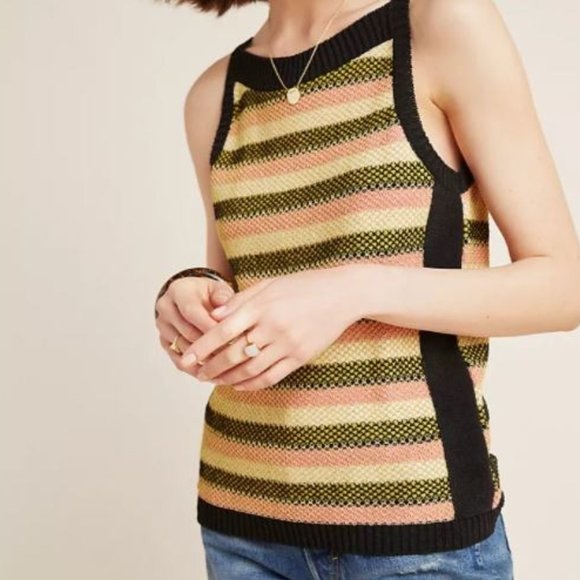 Aldomartins Anthropologie Girona Striped Knit Tank Top Blouse Sz L Black Yellow