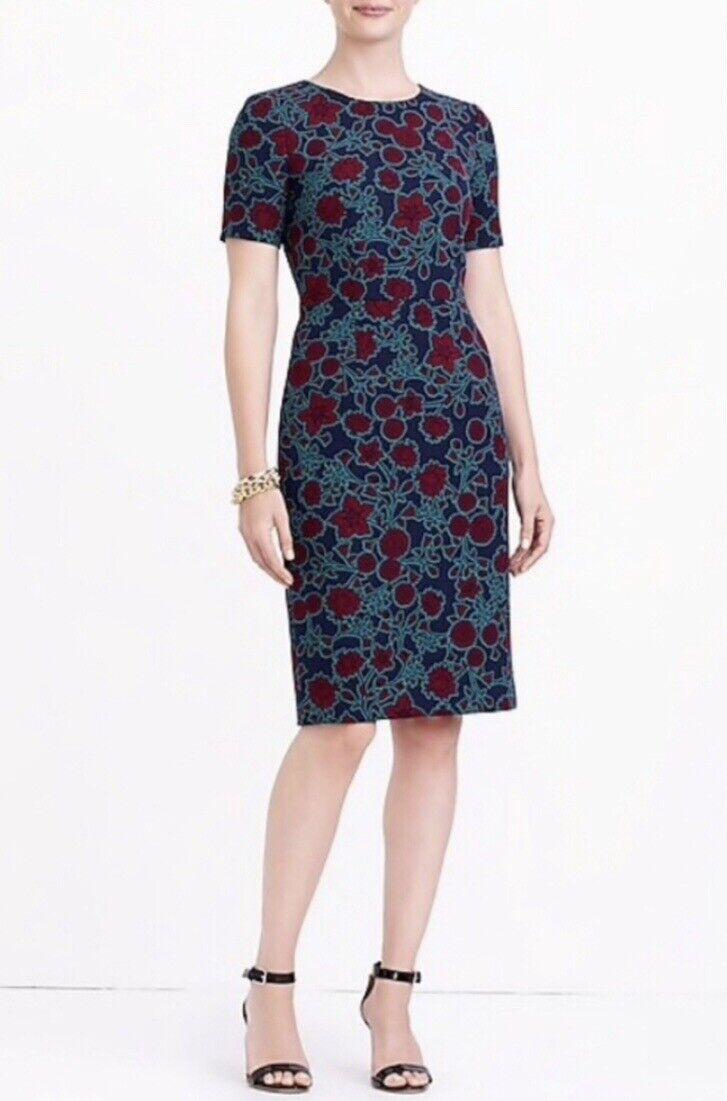 J Crew Factory Floral Print Short Sleeve Sheath Dress Size 2 Navy Blue Green Red