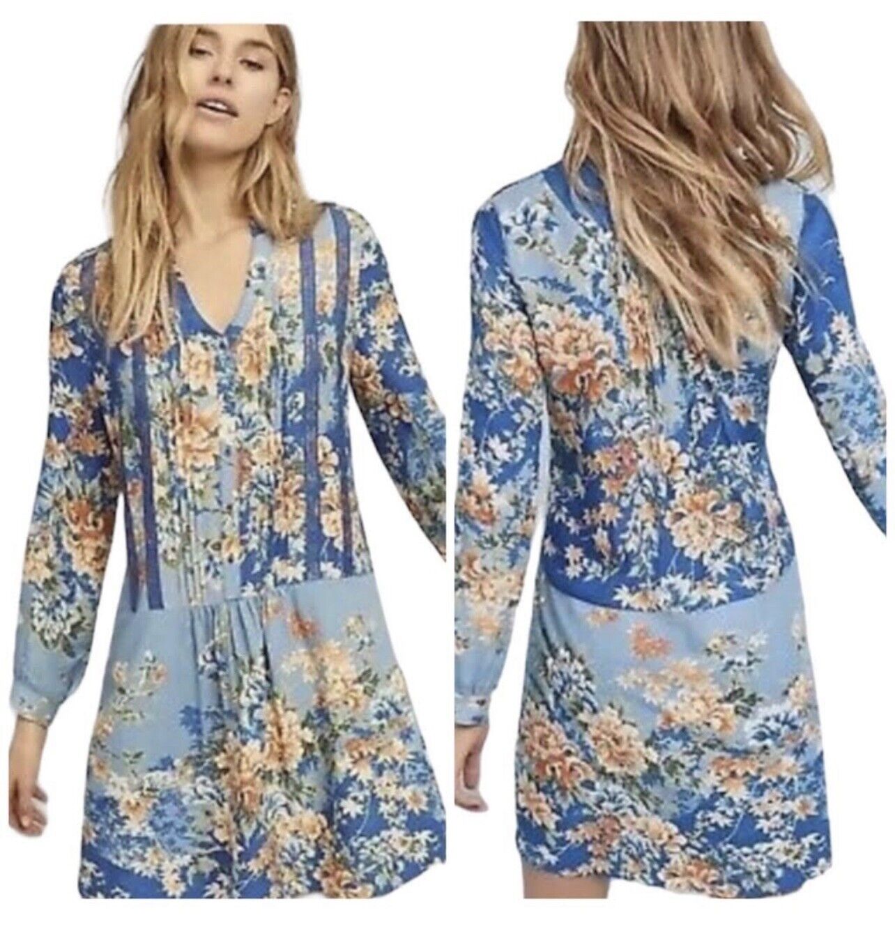 Tiny Anthropologie Gaina Blue Floral Lace Trim Tunic Shift Dress Size S Boho