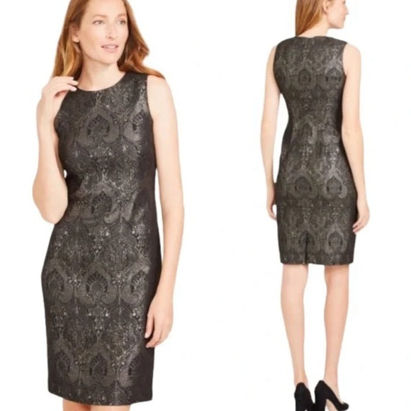 NWT J McLaughlin Zahara Black Champagne Jacquard Sheath Dress Size 2 Metallic