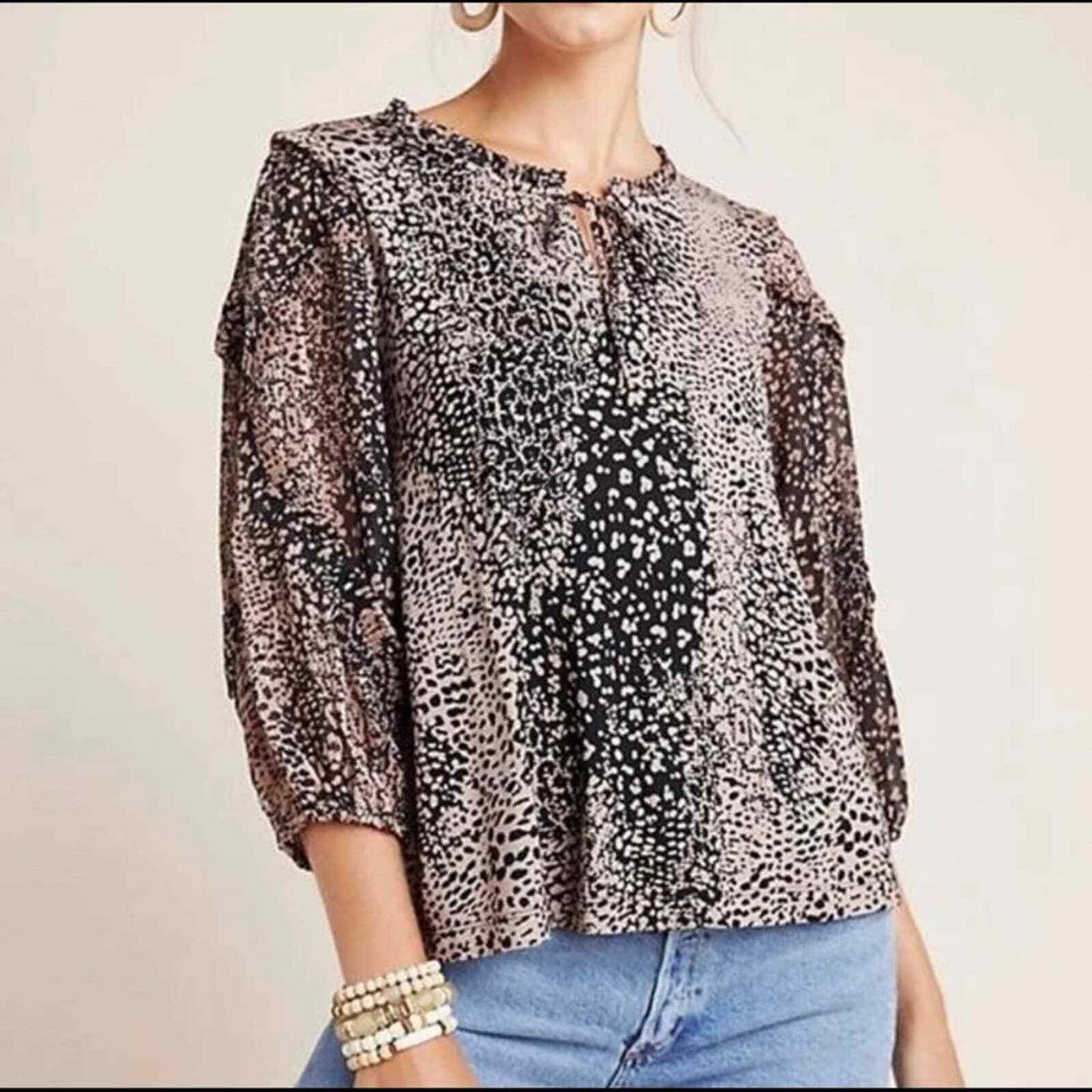 Maeve Anthropologie Jacquin Leopard Print Ruffle Tie Neck Peasant Top Blouse XS