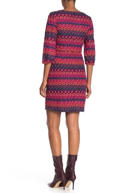 Trina Turk Nicole Embroidered Crochet Bubble Sleeve Sheath Dress Size 4 Colorful