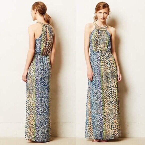 HD in Paris Anthropologie Mayacamas Beaded Printed Maxi Dress Size 6 Halter Blue