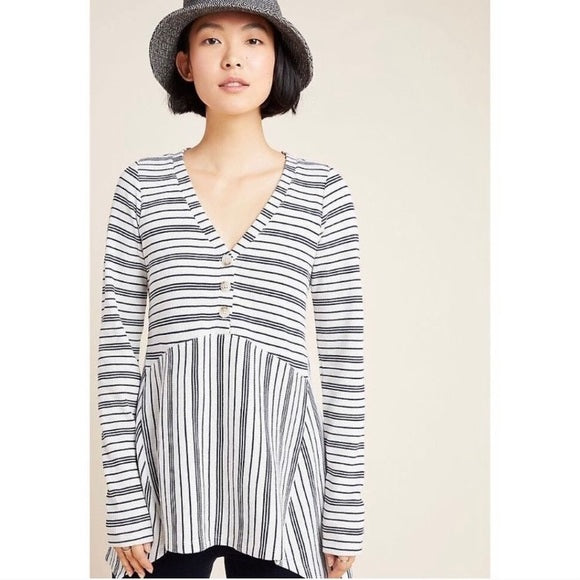 NWT Maeve Anthropologie Navy White Striped Knit Asymmetric Henley Top Size XS