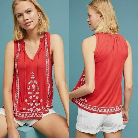 Akemi Kin Anthropologie Chelsey Rust White Floral Embroidered Tank Top Blouse M