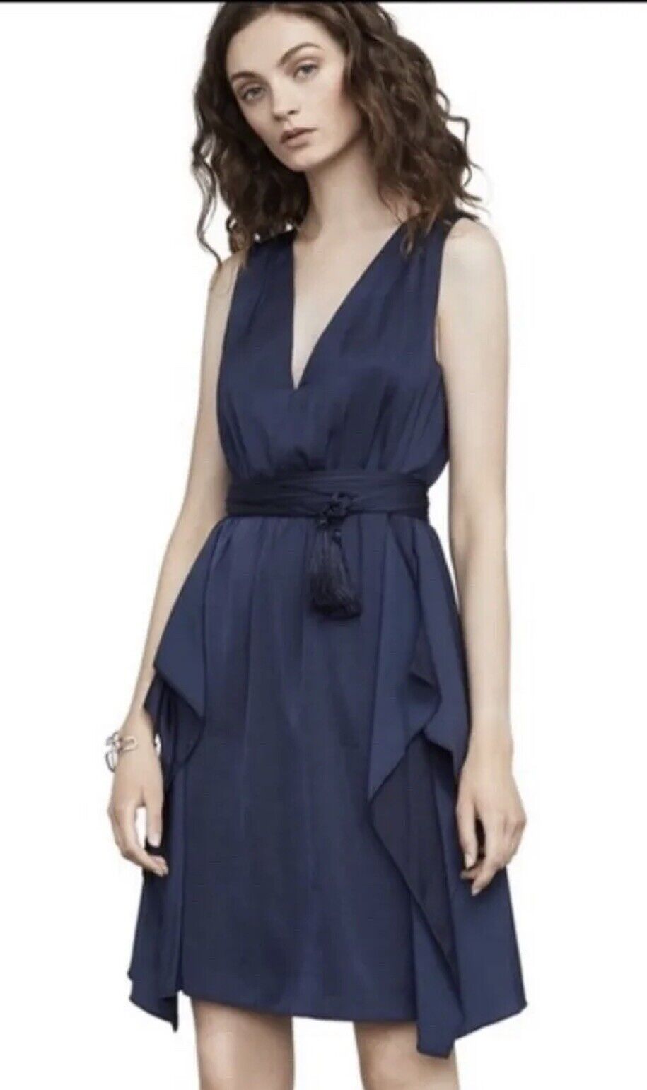 NWT BCBG Max Azria Navy Blue Ruffle Tie Waist V Neck Open Back Dress Size 4