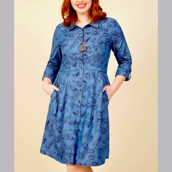 Modcloth Blue Chambray Palm Leaf Floral Button Front Print Shirt Dress Size M
