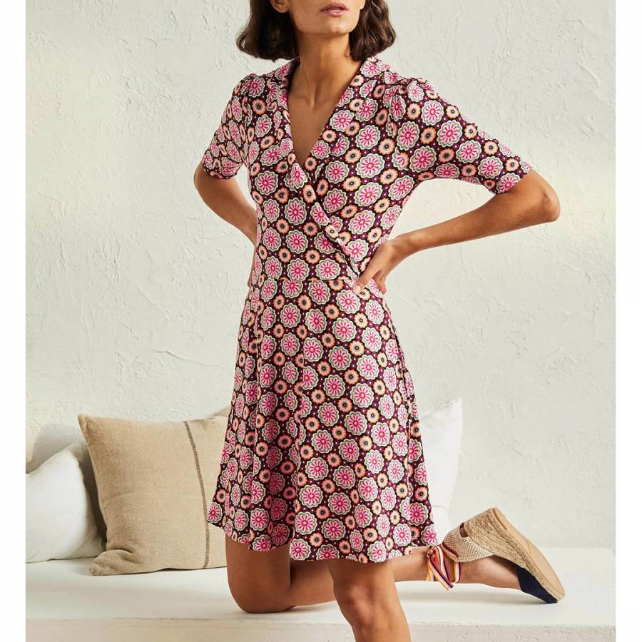 Boden Geometric Floral Print Fixed Wrap Jersey Dress Size US 6P A Line Flared