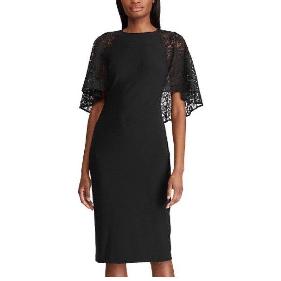 Lauren Ralph Lauren Solid Black Lace Cape Sleeve Sheath Dress Size 2 Cocktail