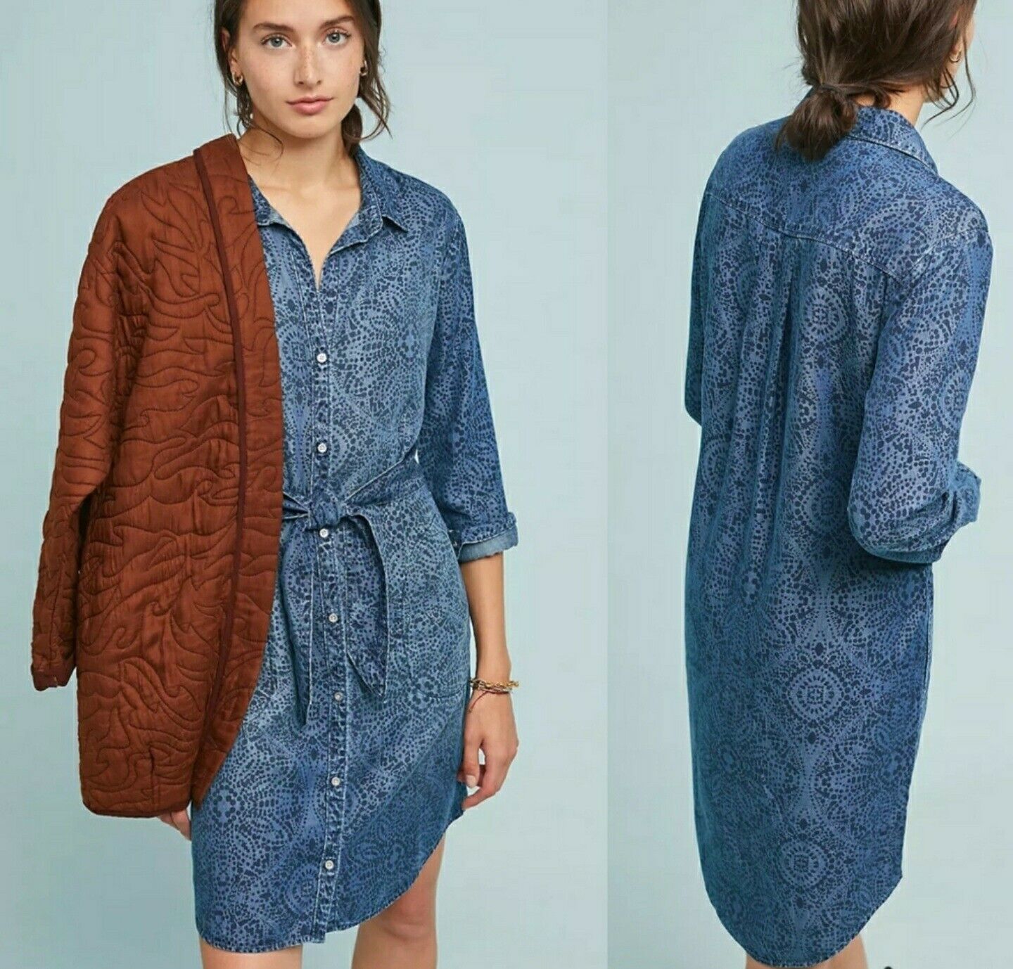 Cloth and Stone Anthropologie Medallion Print Chambray Tie Waist Shirt Dress XS