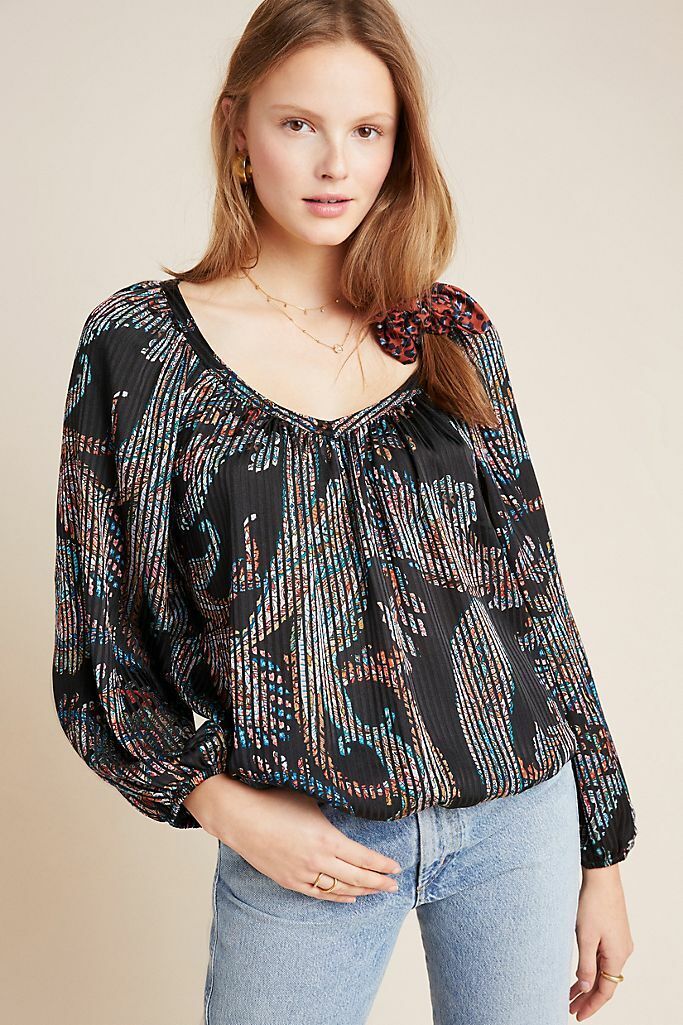 Maeve Anthropologie Madeira Black Paisley Print Burnout Satin Top Blouse Size XS