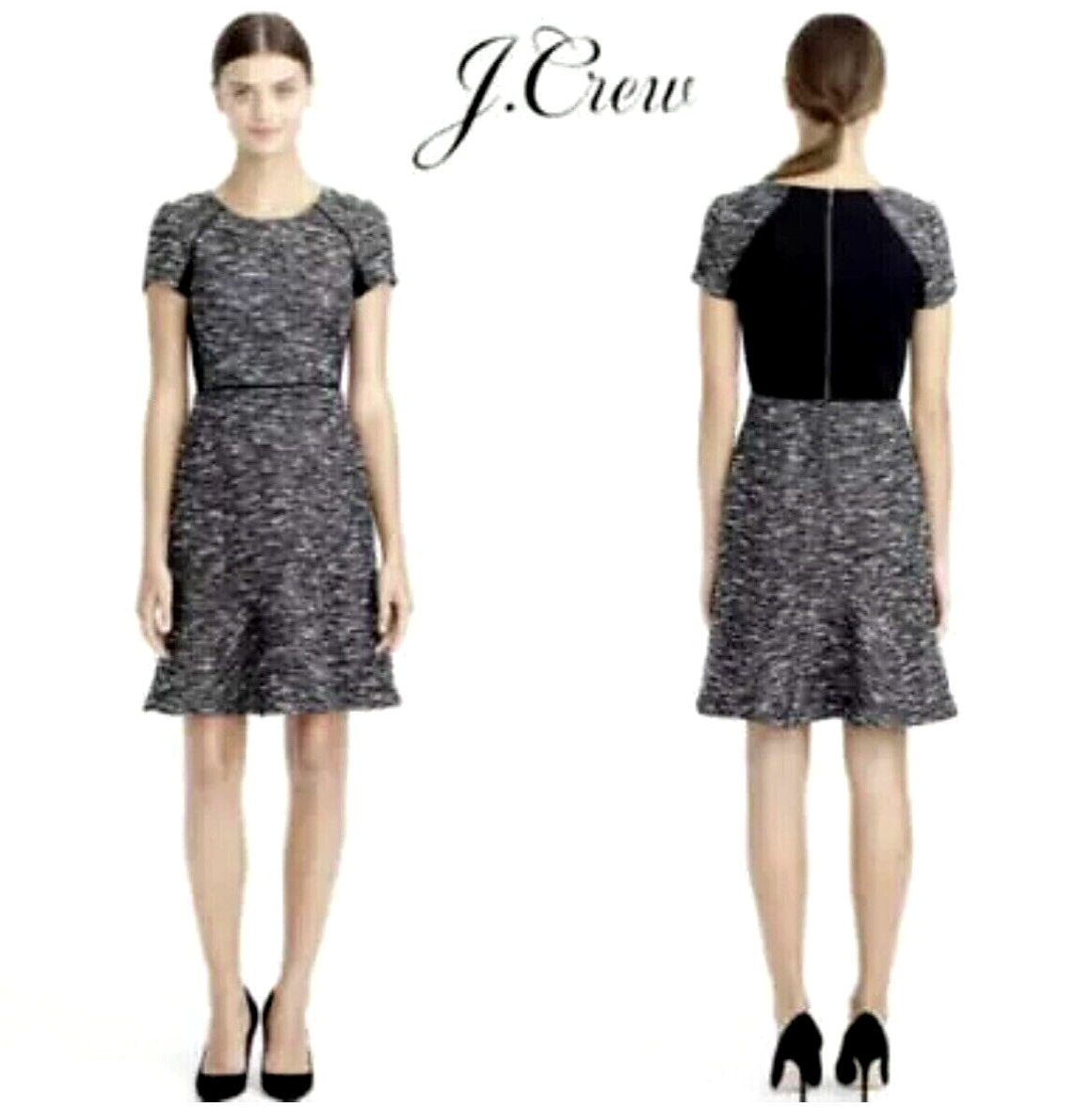 J Crew Black Gray White Mixed Tweed Panel Fit and Flare Flounce Dress Size 4