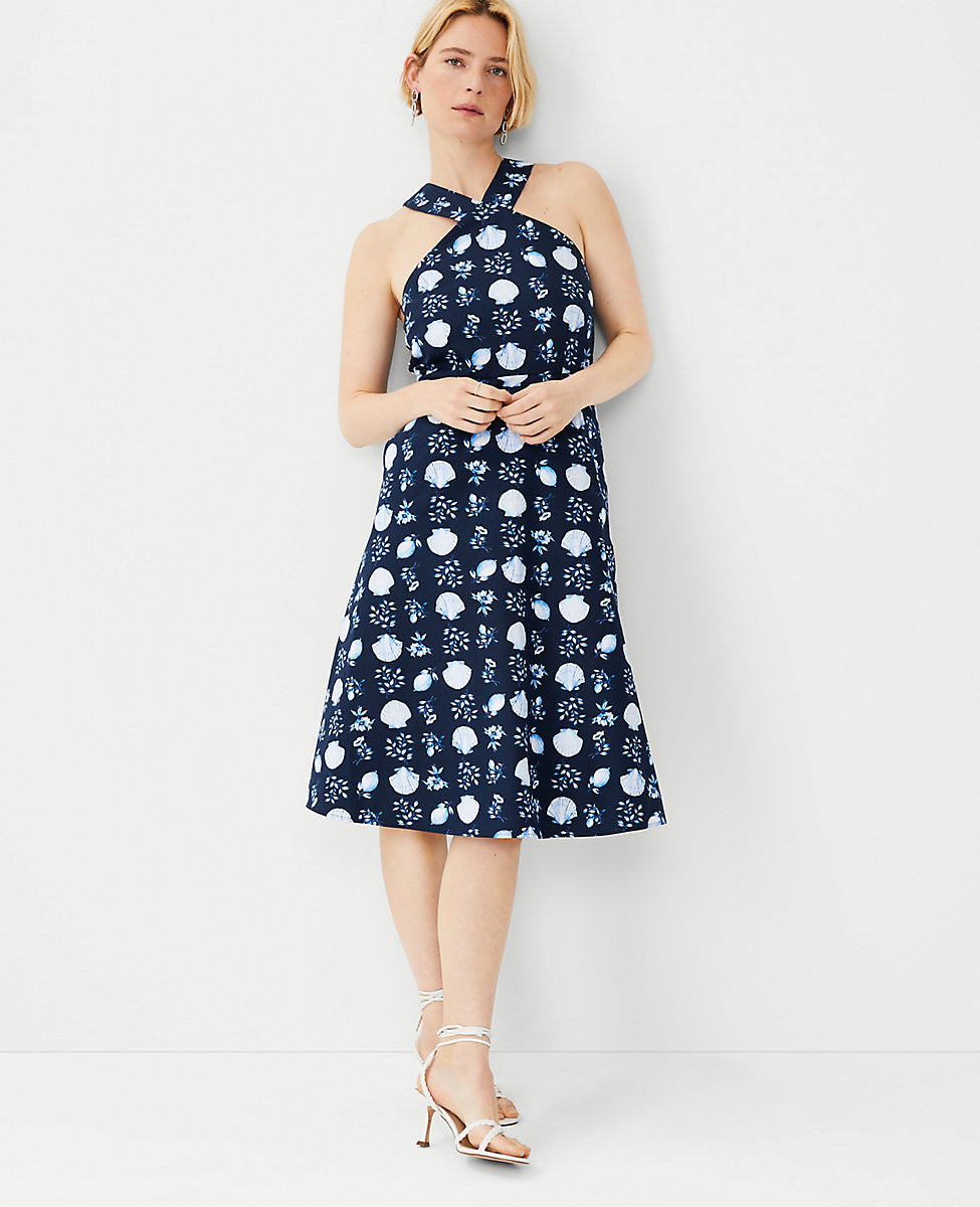 NWT Ann Taylor Navy Blue Seashell Print Halter Midi Flared Dress Size 8 Linen