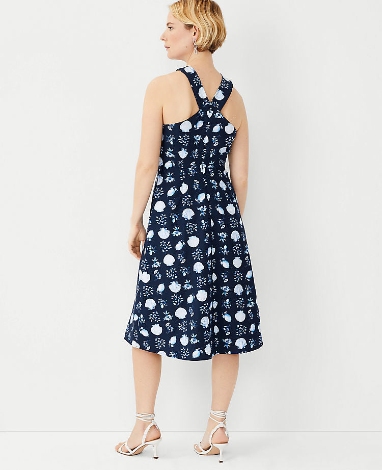 NWT Ann Taylor Navy Blue Seashell Print Halter Midi Flared Dress Size 8 Linen