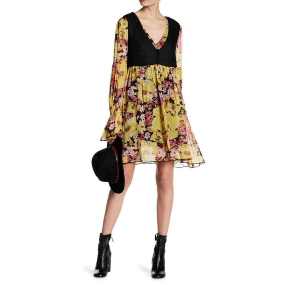 Free People Alice Yellow Black Floral Print Layered Built in Vest Dress Size M