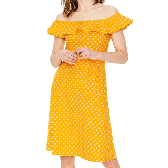 Boden Bethany Yellow White Printed Off the Shoulder Knit Dress Size US 2R 2