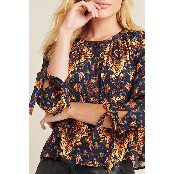 Kachel x Anthropologie Navy Blue Geometric Button Front Tie Sleeve Top Blouse 2