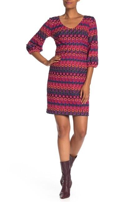 Trina Turk Nicole Embroidered Crochet Bubble Sleeve Sheath Dress Size 4 Colorful