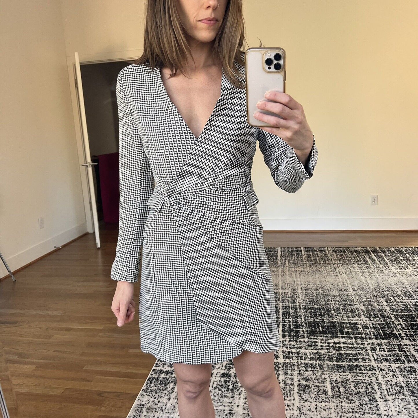 Jason Wu Black White Houndstooth Wrap Front Blazer Style Dress Size M V Neck
