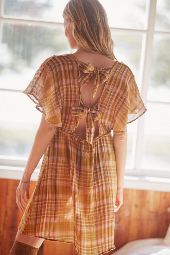 by Anthropologie Yellow Plaid Gauzy Tie Back Mini Tunic Dress Size S Casual