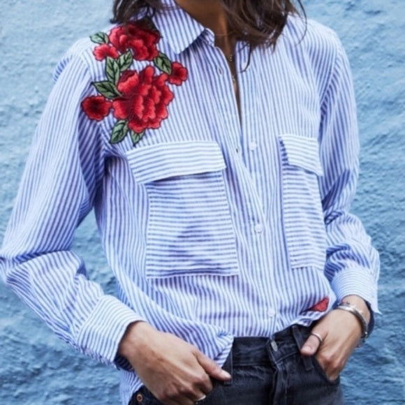 RAILS Frances Blue White Banker Striped Floral Patch Button Down Shirt Blouse M Long Sleeve