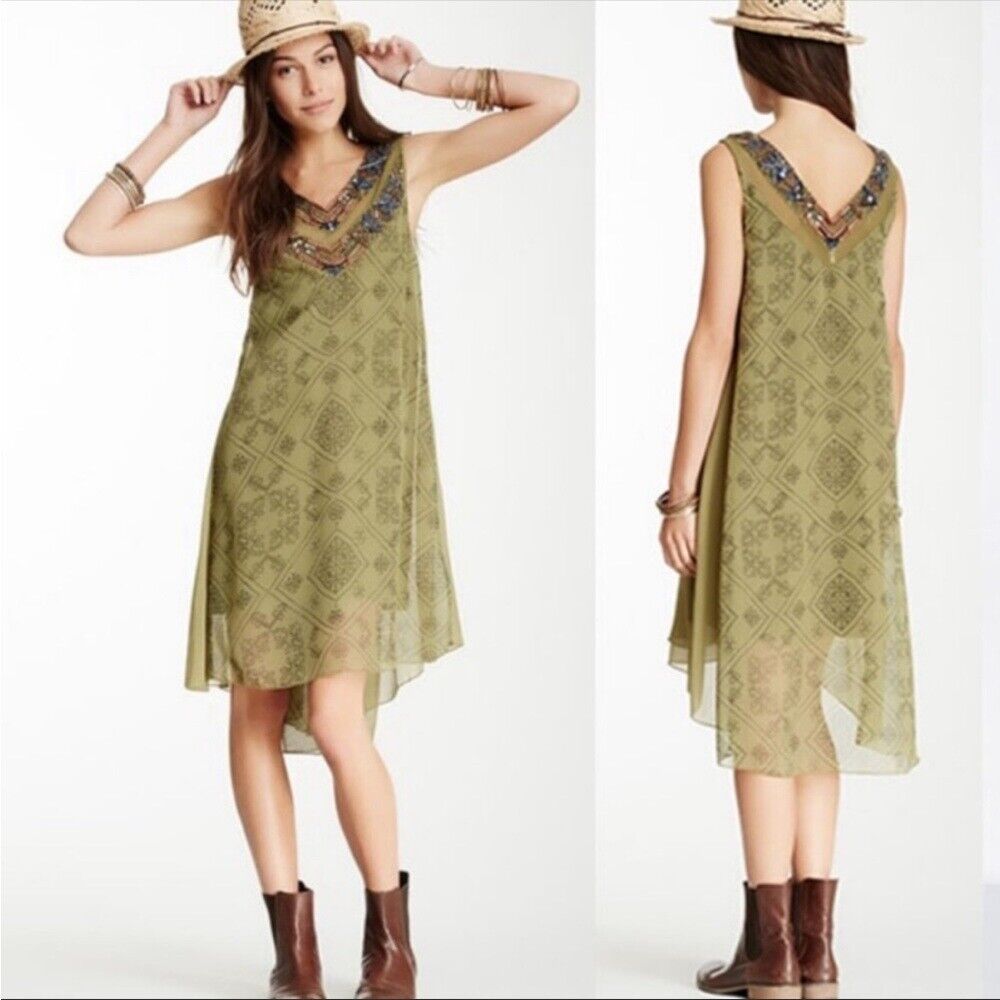 Free People Ancient Mystery Green HI Lo Beaded Tunic Dress Size XS Geometric