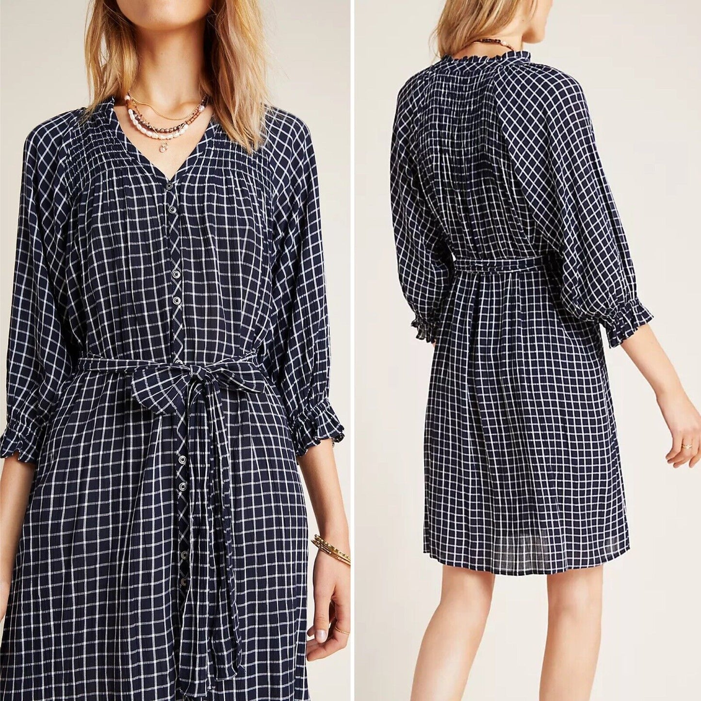 Maeve Anthropologie Sara Navy Blue Windowpane Plaid Tie Waist Dress Size XS