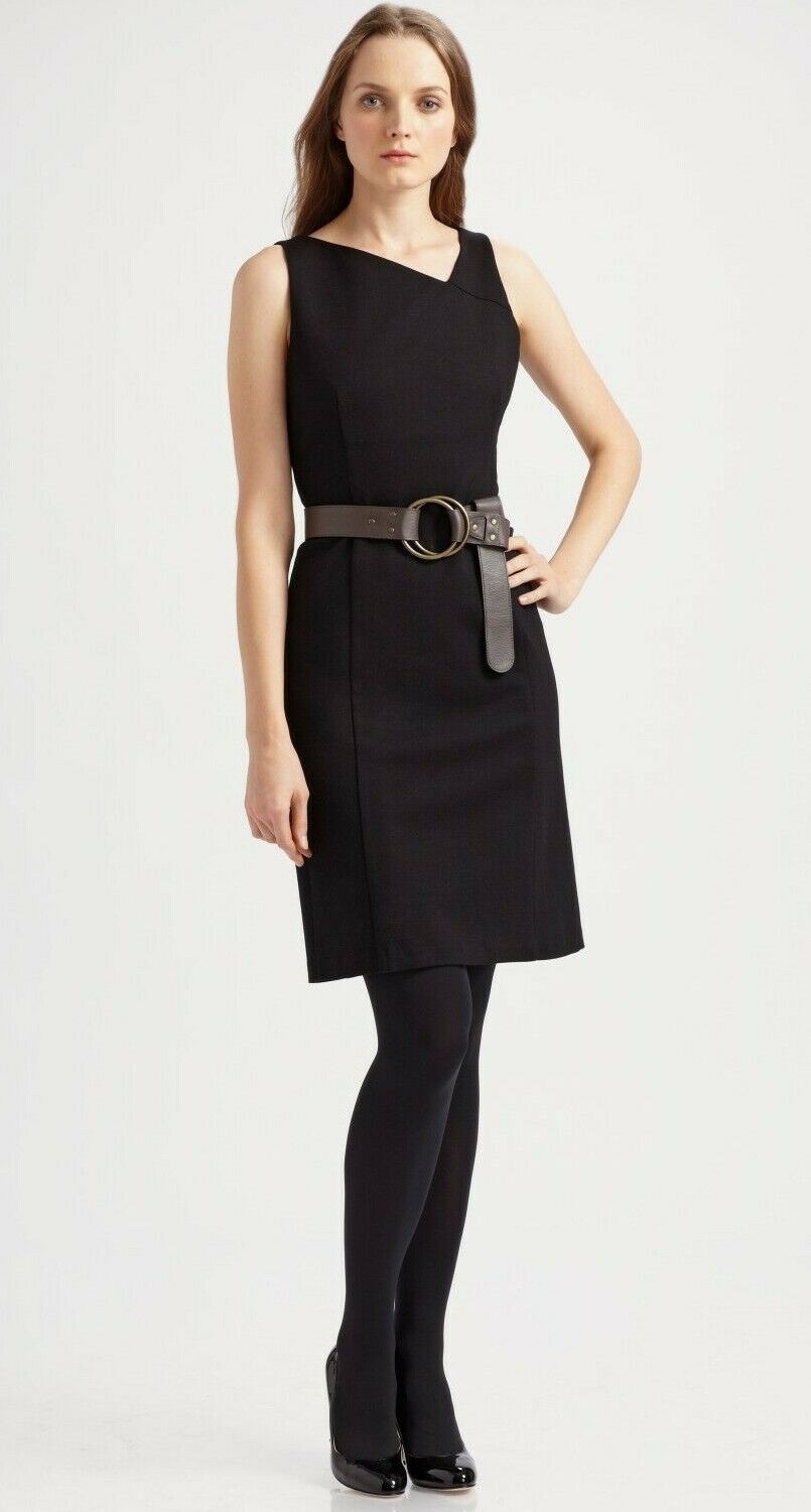 Eileen Fisher Solid Black Ponte Knit Asymmetrical Neckline Sheath Dress Size 6