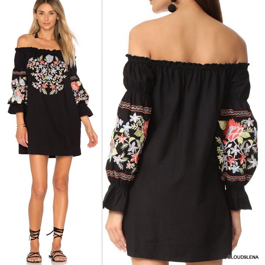 Free People Fleur De Jour Black Off the Shoulder Floral Embroidered Mini Dress S