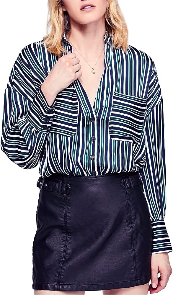 Free People Mad About You Striped Button Down Blouse Shirt Size S Green Navy Long Sleeve