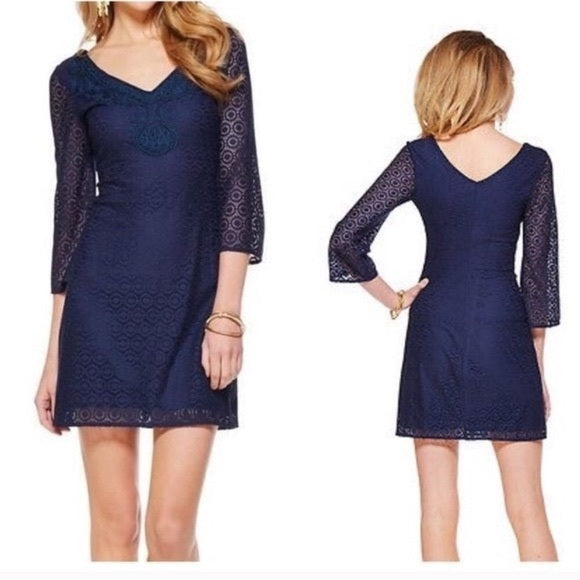 Lilly Pulitzer Alden True Navy Blue Knit Geo Circle Lace Tunic Dress Size XS