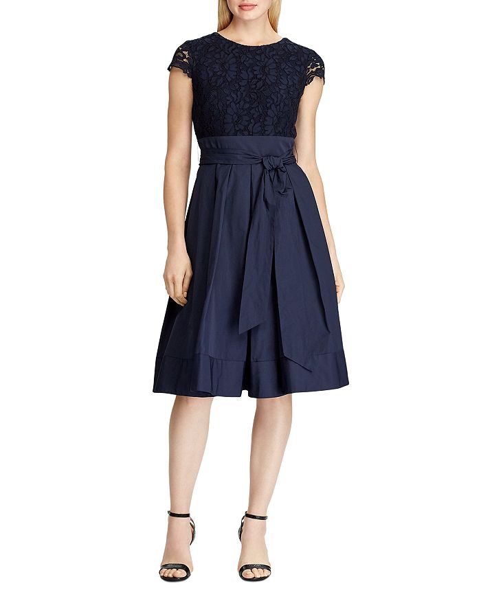 Lauren Ralph Lauren Lace Taffeta Fit and Flare Tie Waist Cocktail Party Dress 4