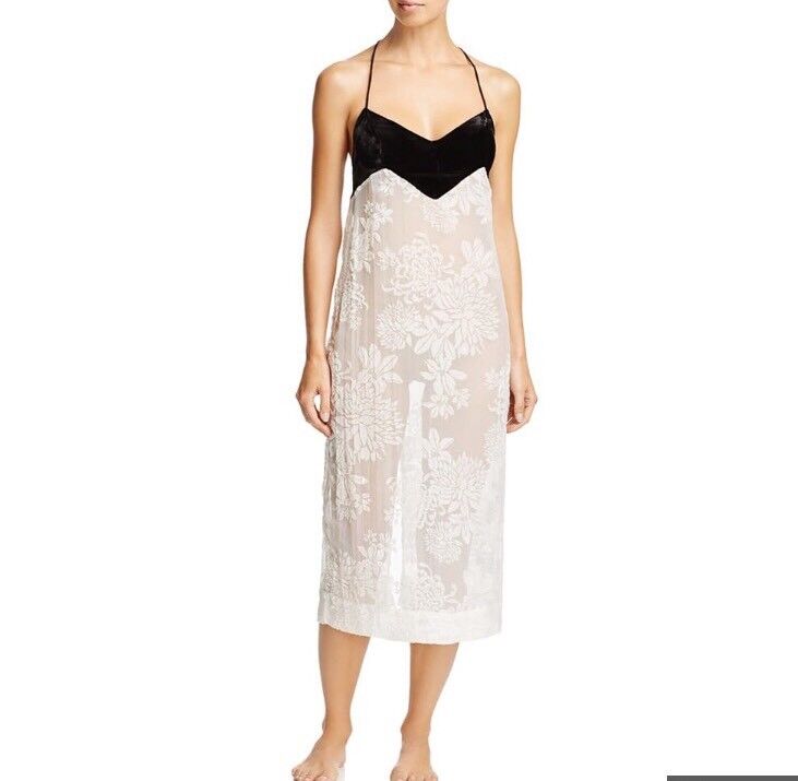 Free People Love All Day Black White Burnout Velvet Floral Maxi Slip Dress Sz S