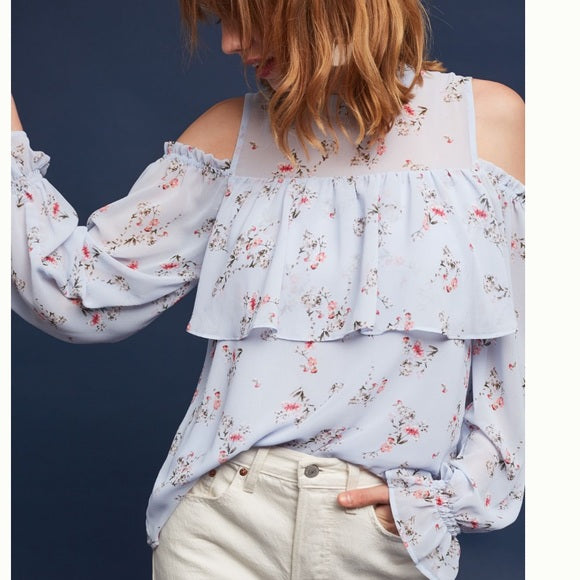 Maeve Anthropologie Light Blue Floral Print Ruffle Cold Shoulder Top Blouse Sz S Long Sleeve