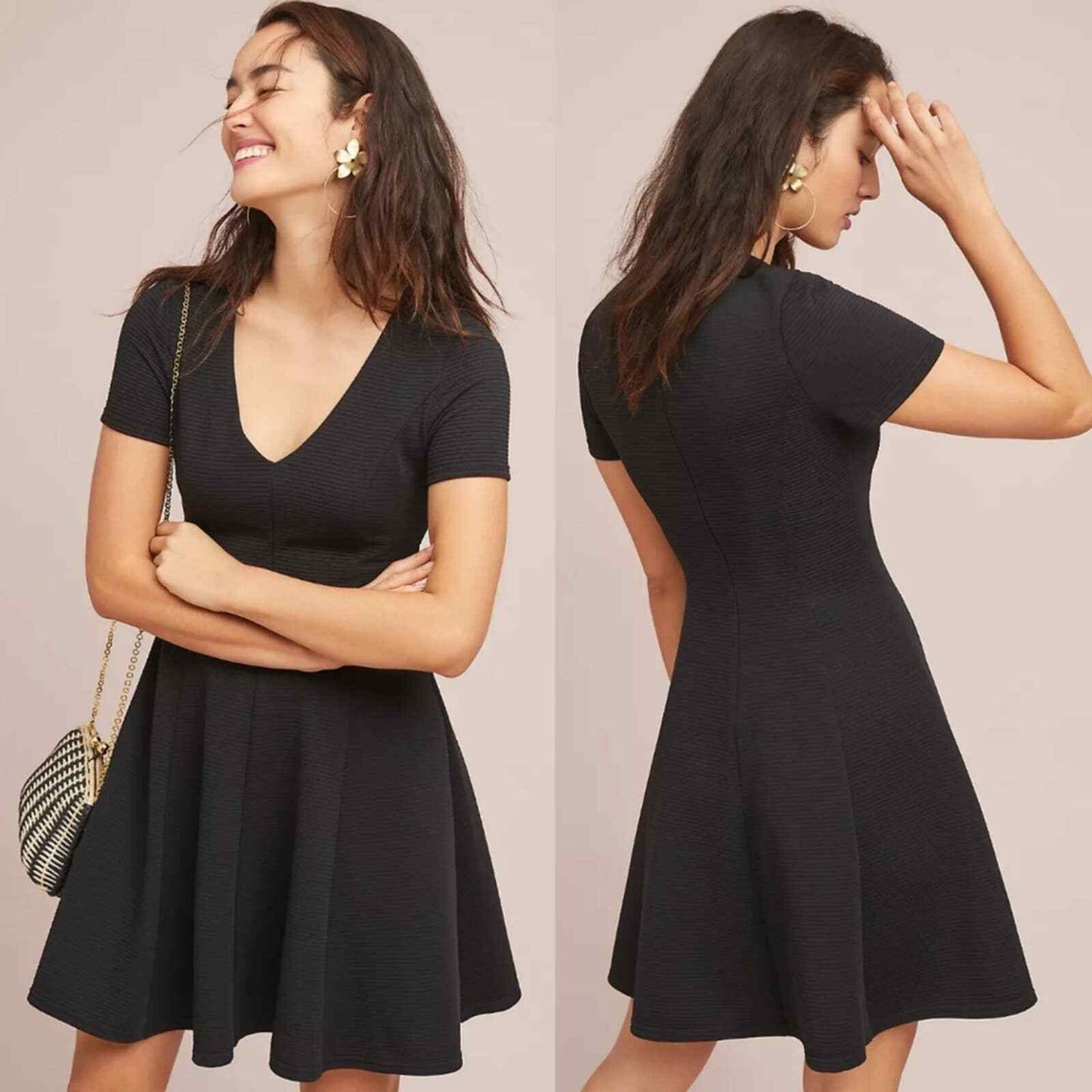 Hutch Anthropologie Vicki Black Ribbed V Neck Fit and Flare Dress Size S A Line